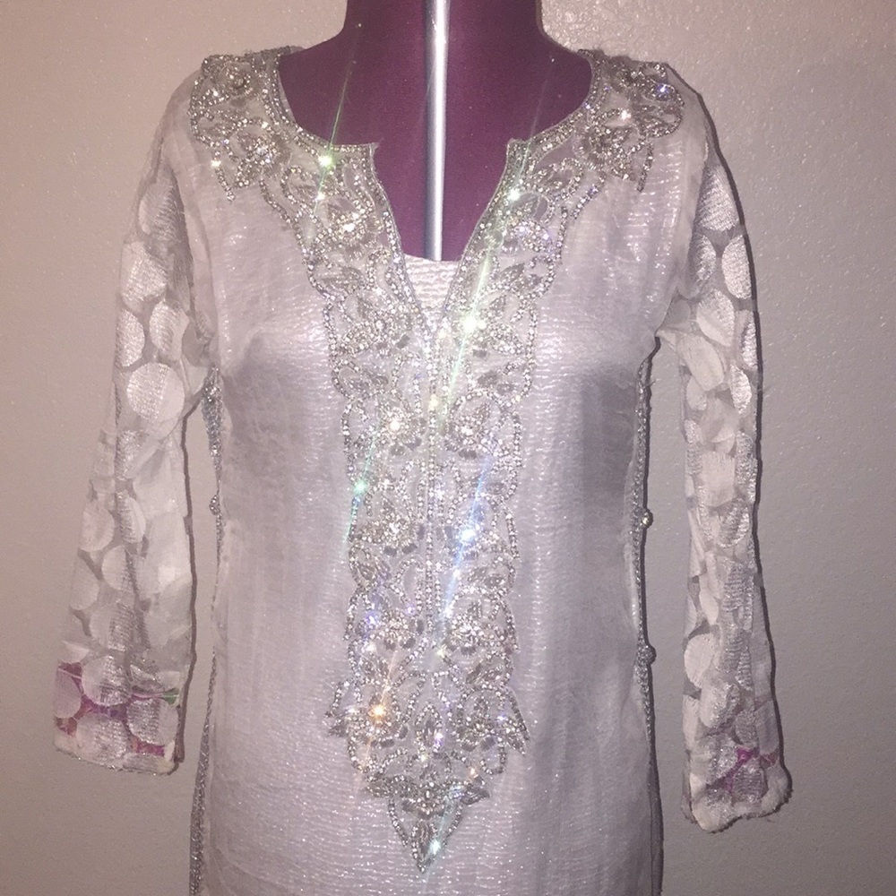 Stunning white long Salwar Kameez w rhinestone wrk
